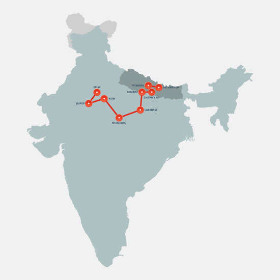 Route van je India en Nepal rondreis<br>